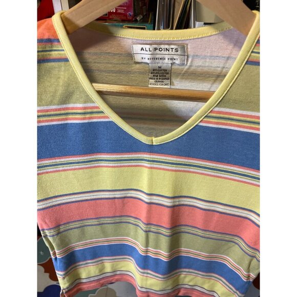 All Points Reference Point Multicolor Striped Short Sleeve V Neck Top SZ Medium - Picture 4 of 6